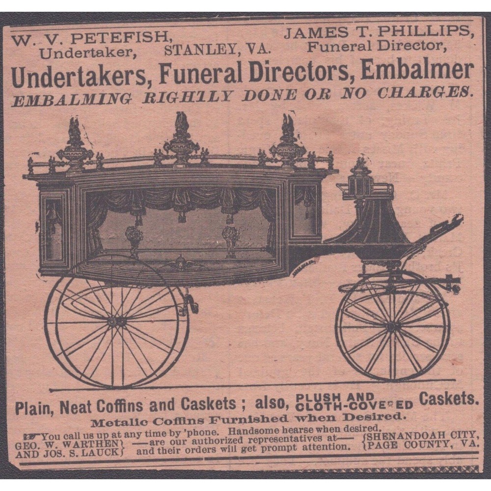 Vintage Petefish Phillips Undertaker Funeral Director Stanley VA Hearse Ad